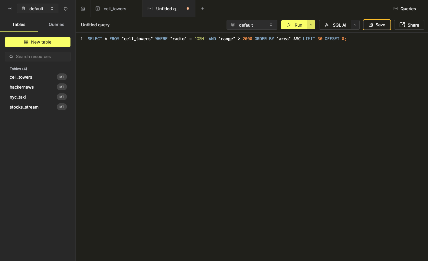 Интерфейс, показывающий кнопку Создать запрос, которая генерирует SQL из фильтров и сортировок